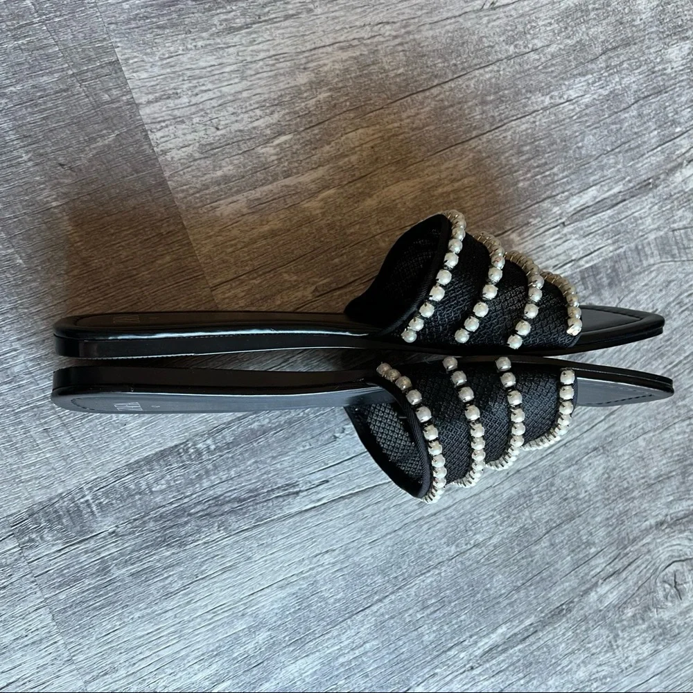 Zara Pearl Mesh Slide Sandals Black Rhinestone Flats Size 42 - Picture 8 of 10